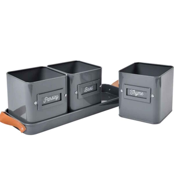 3 Herb Pots With Leather Handled Tray - Charcoal - Image 2