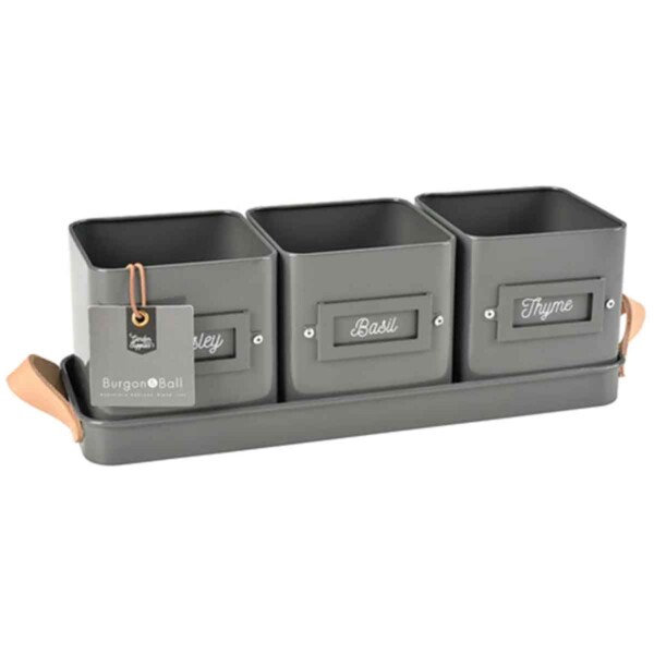 3 Herb Pots With Leather Handled Tray - Charcoal
