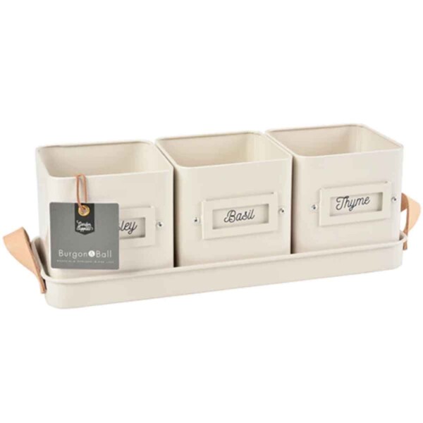 3 Herb Pots With Leather Handled Tray - Stone