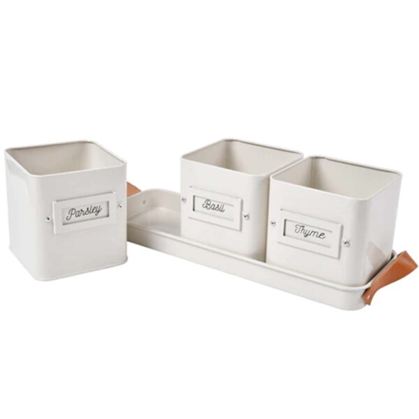 3 Herb Pots With Leather Handled Tray - Stone - Image 2