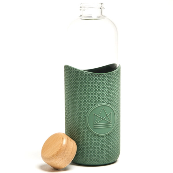 Glass Water Bottle 1L - Happy Camper Olive Green - Image 4