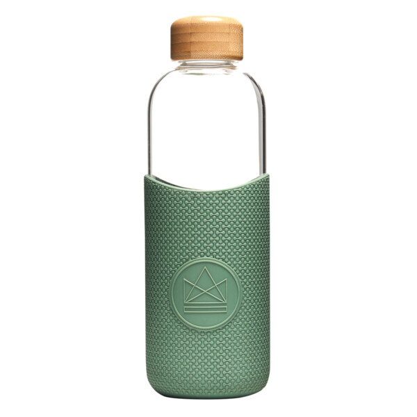 Glass Water Bottle 1L - Happy Camper Olive Green
