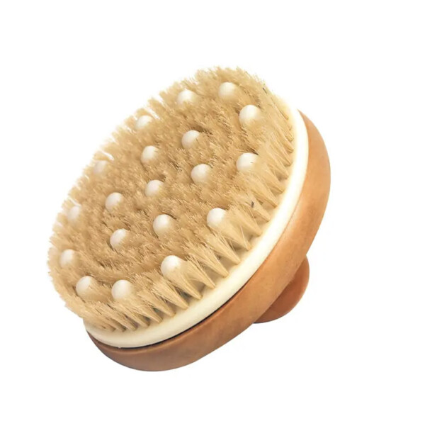 Bathbrush with massage pins and wooden grip