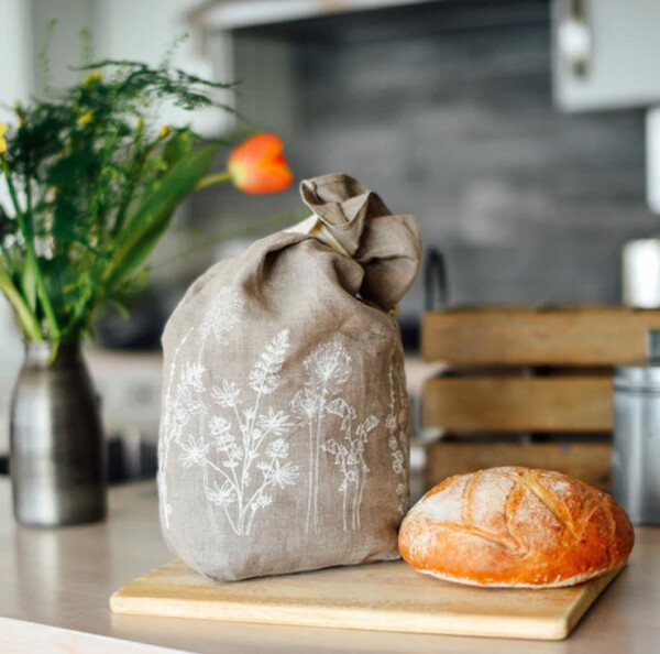 Linen Bread Bag - Garden Design - Natural