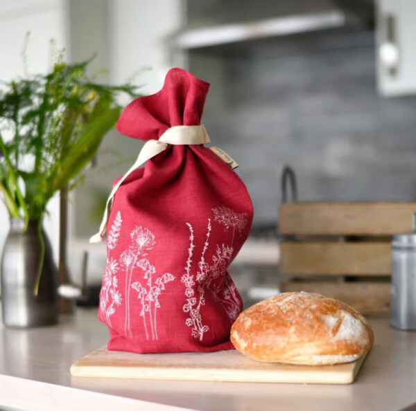 Linen Bread Bag - Garden Design - Raspberry