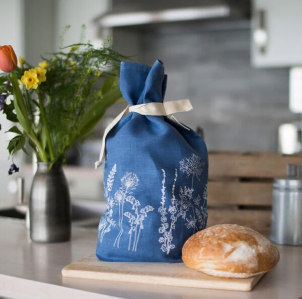 Linen Bread Bag - Garden Design - Indigo