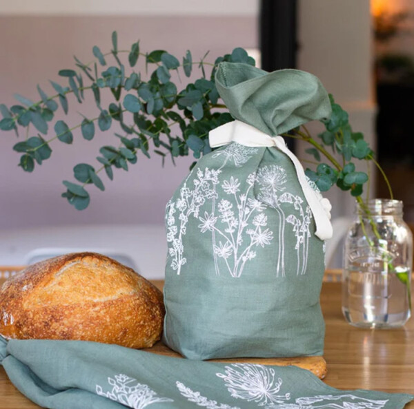 Linen Bread Bag - Garden Design - Sage Green