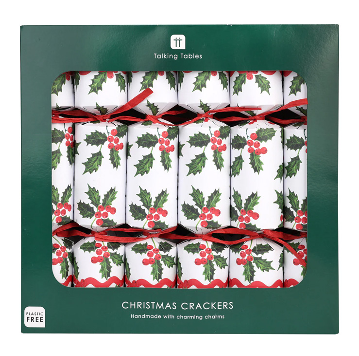 Image of Holly White Christmas Crackers - 12 Pack