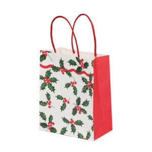 Holly White Christmas Paper Gift Bag - 8 Pack