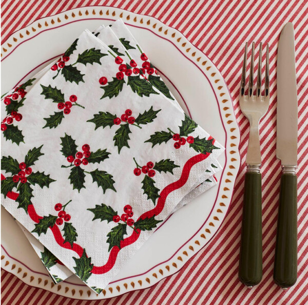 Holly White Christmas Paper Napkins - 20 Pack - Image 2