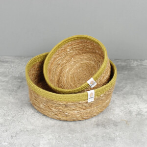 Seagrass & Jute Shallow Basket Set of 2 – Natural/Green