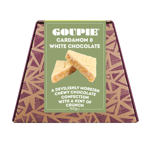 Goupie Cardamom & White Chocolate 160g trapezoidal cardboard box with purple geometric patterns and a sage green panel.