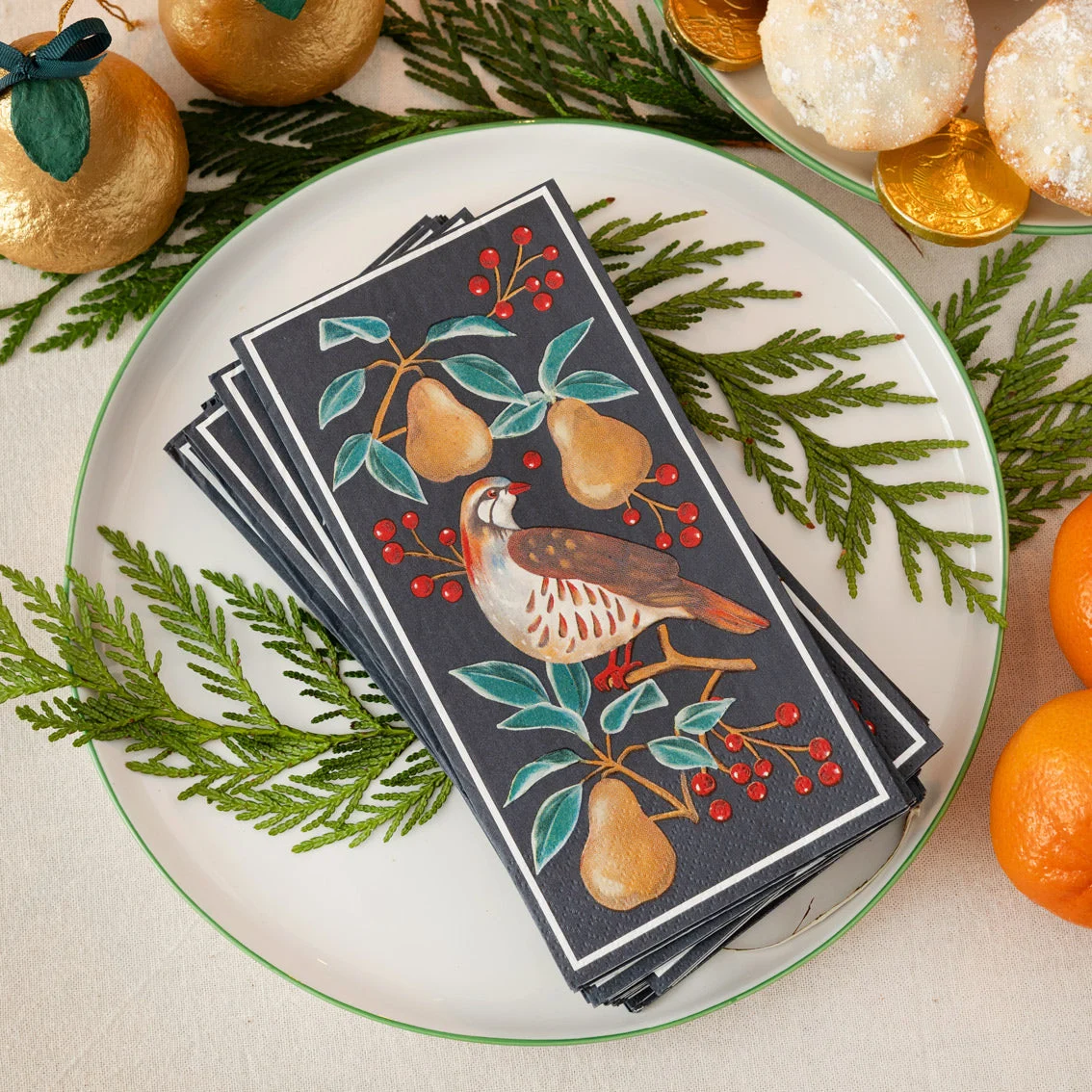 Partridge & Pear Long Lunch Paper Napkins - 16 Pack